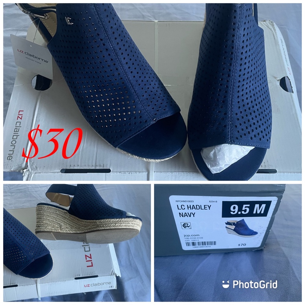 Brand new Liz Claiborne wedges size 9.5navy blue with tags. Comes in box